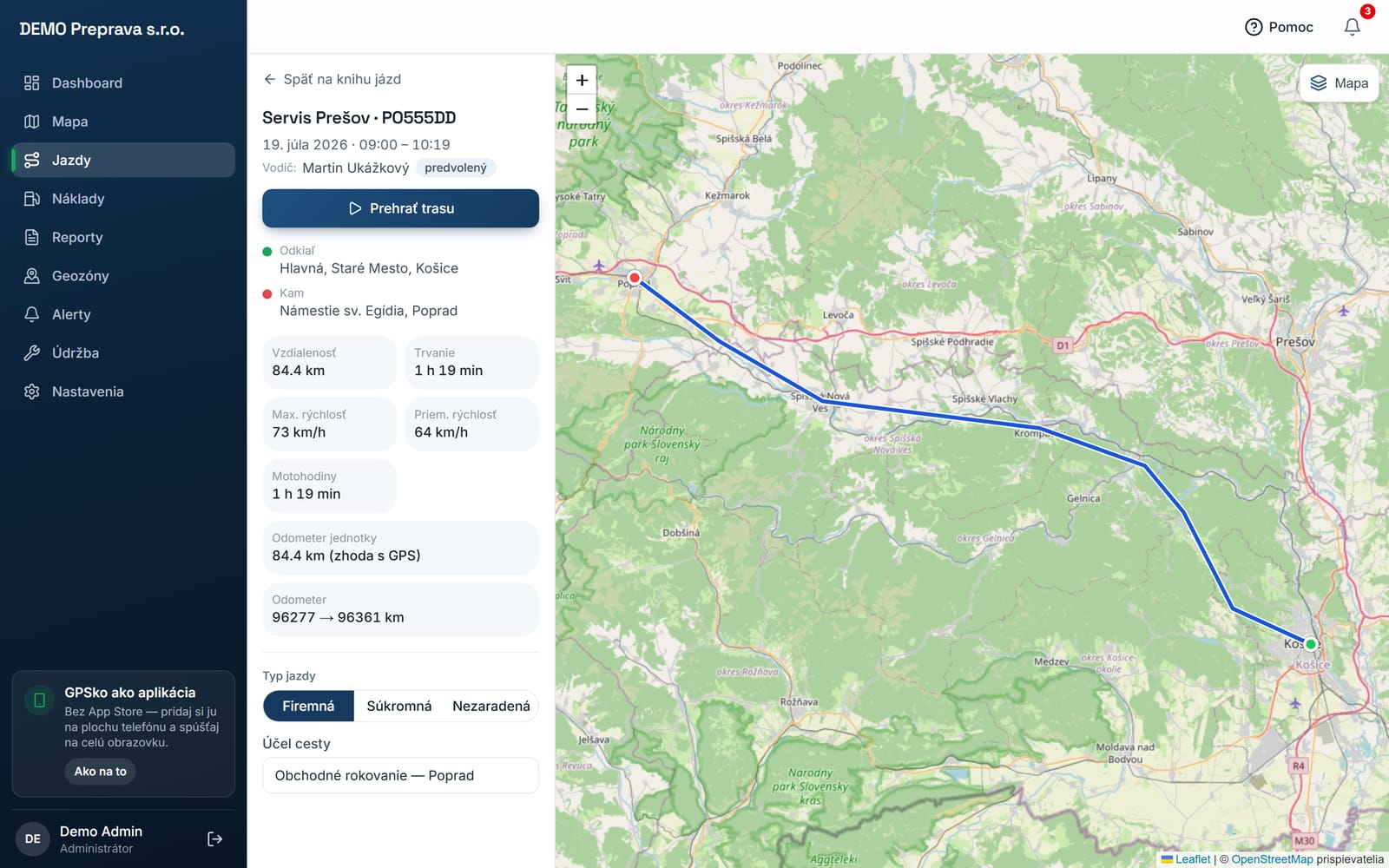 Detail jazdy v GPSko: trasa Košice — Poprad vykreslená na mape, vedľa nej vzdialenosť 84,4 km, trvanie, maximálna a priemerná rýchlosť, motohodiny, stav tachometra a účel cesty