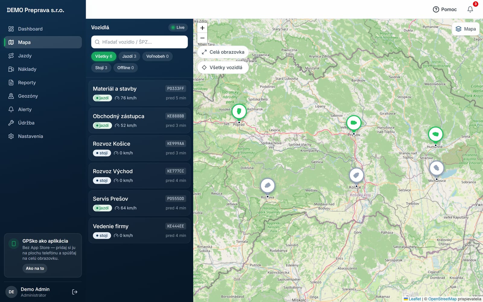 Živá mapa GPSko so šiestimi vozidlami flotily na východnom Slovensku; bočný zoznam ukazuje pri každom vozidle ŠPZ, stav jazdí/stojí, rýchlosť a čas poslednej polohy